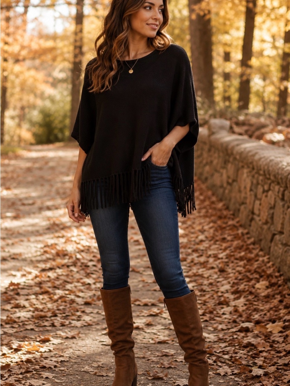 new directions Black Fringe Poncho Sweater
